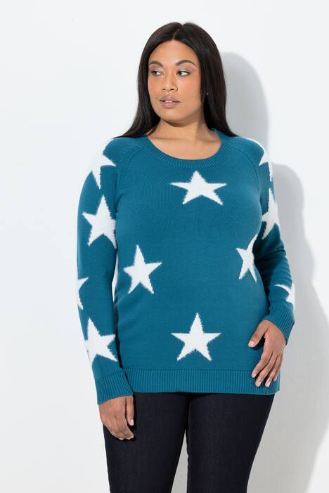 Trui, glittersterren, ronde hals, lange raglanmouwen