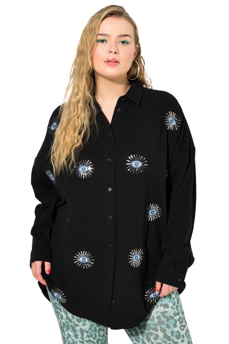 Mušelínová halenka, oversize, výšivka očí, dlouhé rukávy