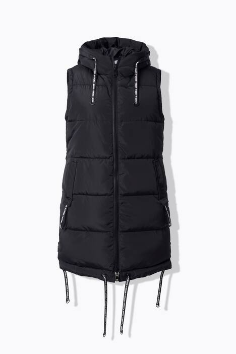 Lange doorgestikte bodywarmer, A-lijn, capuchon
