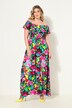 Half-Sleeve Carmen Neckline Smocked Bust Floral Print Jersey Maxi Dress