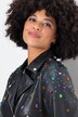 Chaqueta motera, aspecto de cuero, piedras brillantes de colores