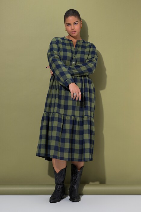 Flanellen midi-jurk, ruit, tuniekhals, lange mouw