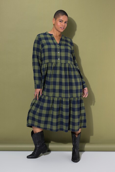 Flanellen midi-jurk, ruit, tuniekhals, lange mouw