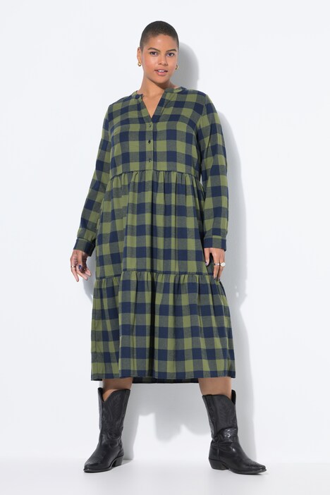 Flanellen midi-jurk, ruit, tuniekhals, lange mouw