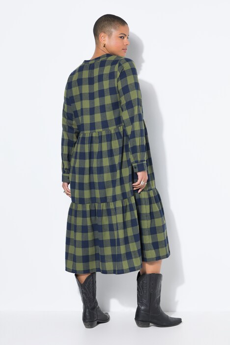 Flanellen midi-jurk, ruit, tuniekhals, lange mouw