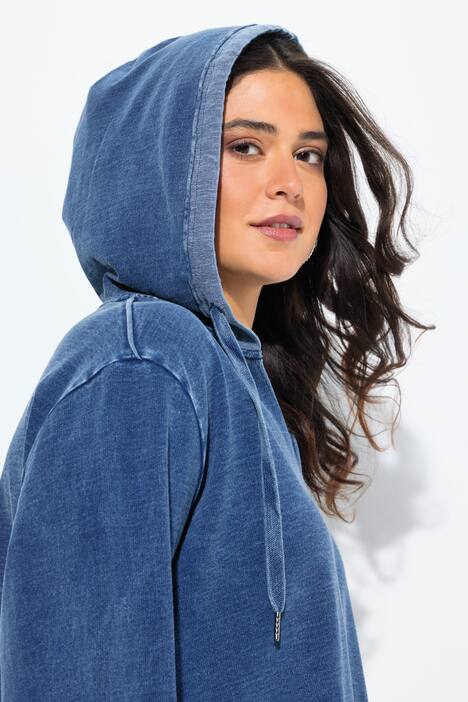 Sweat-shirt long à capuche, coupe évasée, manches longues et col en V, bords francs