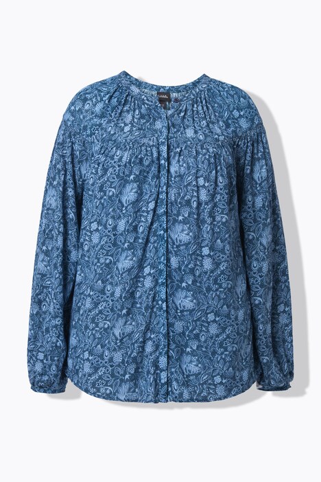Blouse motif fleurs/hirondelles, décolleté rond et manches longues
