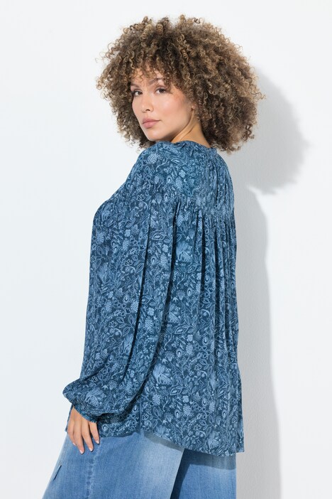 Blouse motif fleurs/hirondelles, décolleté rond et manches longues