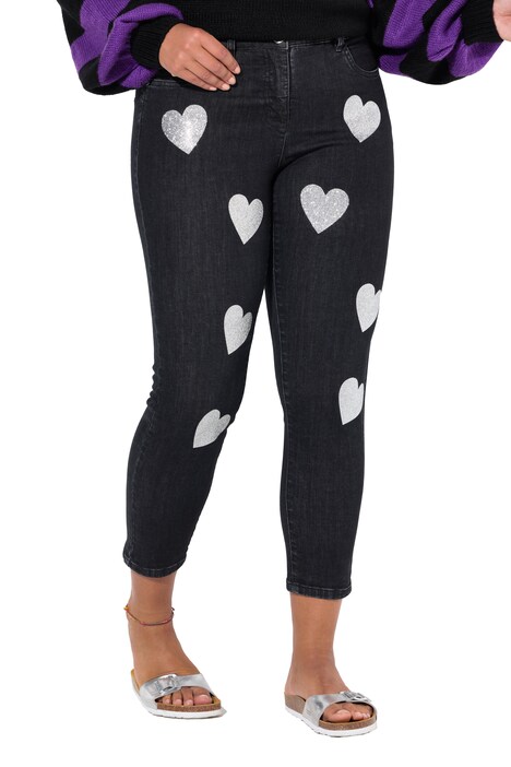 Straight cut jeans with glitter hearts and 5 pockets