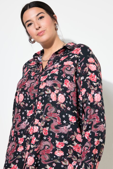 Skjortebluse, kasseform, Asia-print, lange ærmer