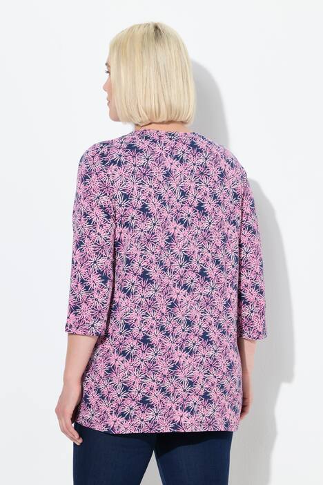 T-shirt à fleurs, col rond et manches 3/4, coupe évasée