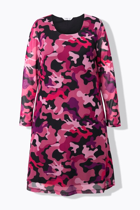 Mesh-mekko, maastokuvio, röyhelöitä, pitkät hihat