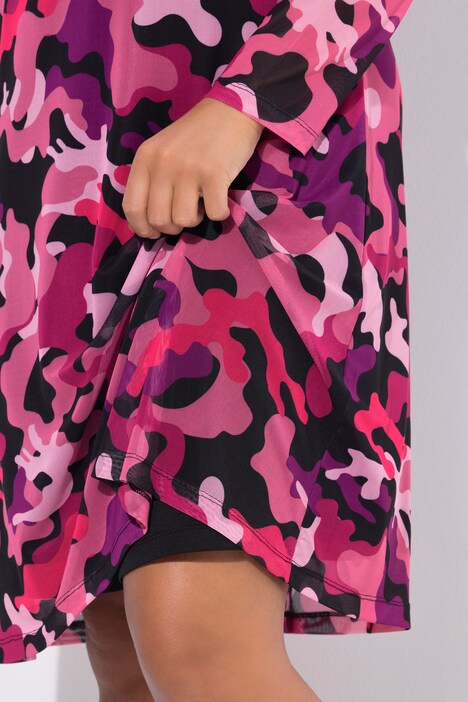 Mesh-mekko, maastokuvio, röyhelöitä, pitkät hihat