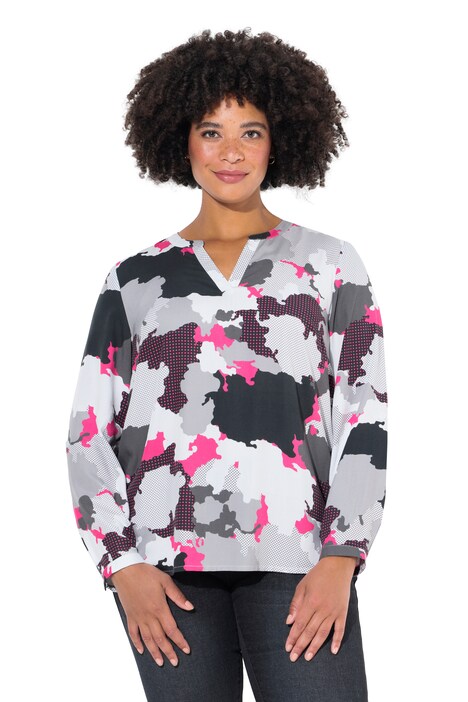 Blouse with camouflage print and tunic neckline