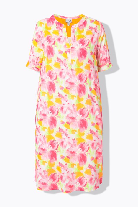 Tuniekjurk, linnenmix, bloemen, opstaande kraag, korte mouw