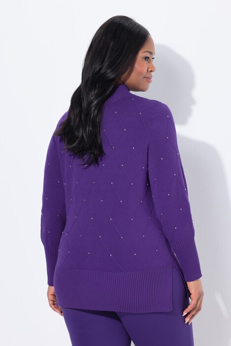 Lange pullover, ruiten, sierstuds, opstaande kraag, lange mouwen