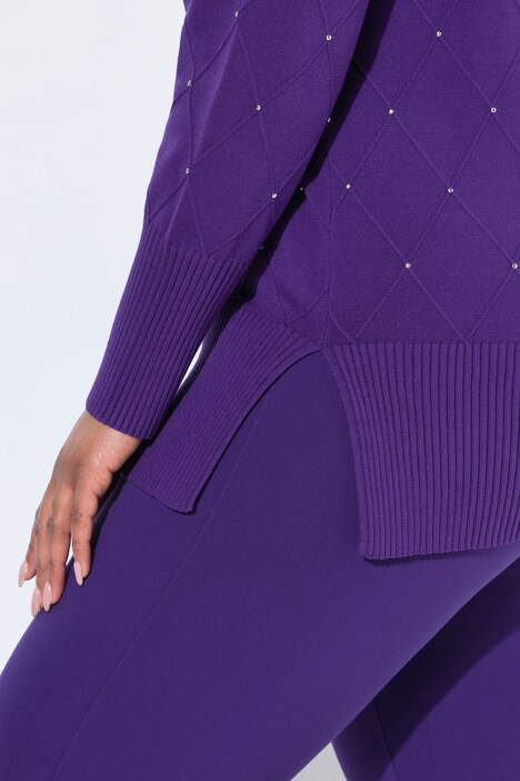Lange pullover, ruiten, sierstuds, opstaande kraag, lange mouwen