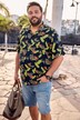Men+ viskose-skjorte af hørmix, korte ærmer, Cubakrave, alloverprint, Cuba Fit, til str. 8XL
