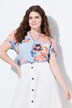 Blouse à fleurs. Manches courtes. Petit col montant, décolleté V