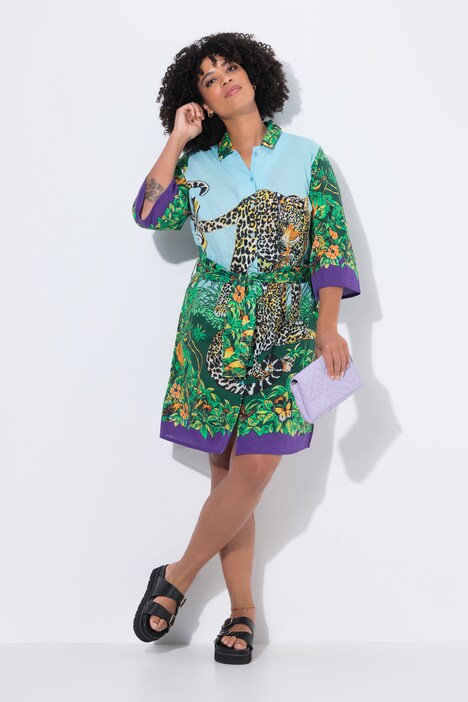 Robe motif léopard, perles tubes brodées, coupe évasée