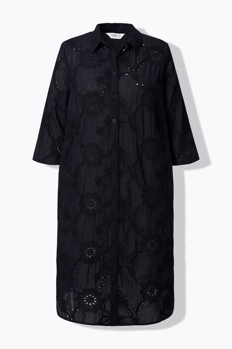 Robe chemisier, fine broderie ajourée, coupe évasée