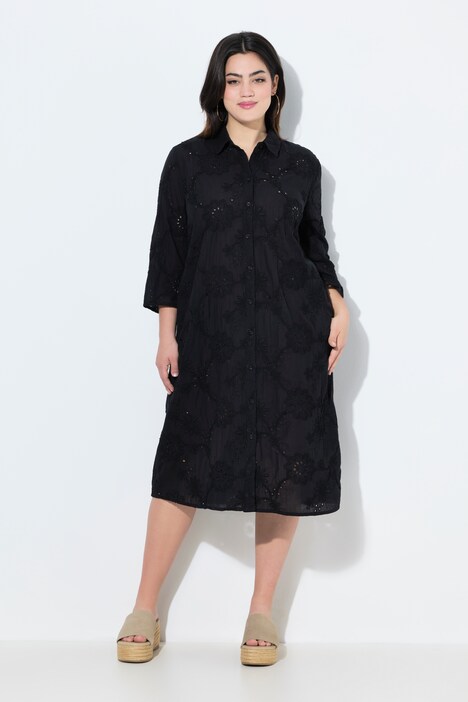Robe chemisier, fine broderie ajourée, coupe évasée
