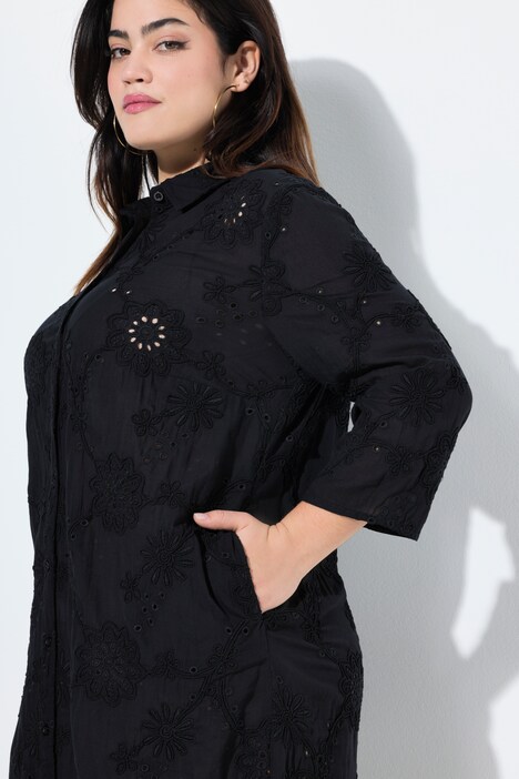 Robe chemisier, fine broderie ajourée, coupe évasée