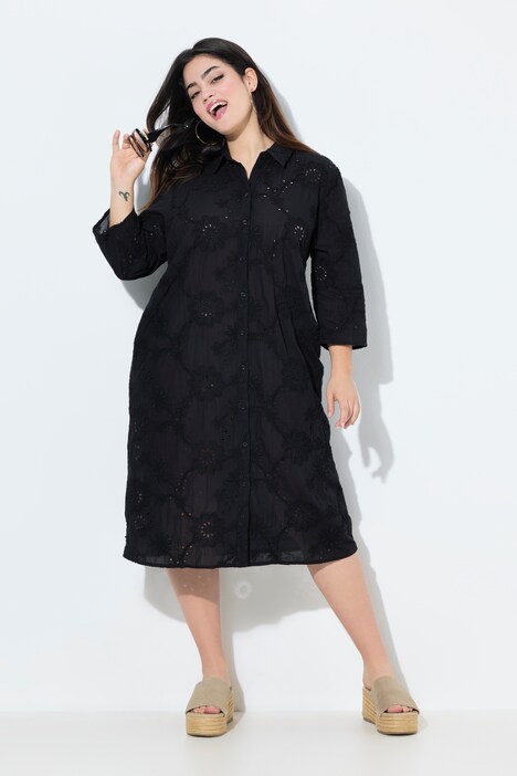 Robe chemisier, fine broderie ajourée, coupe évasée
