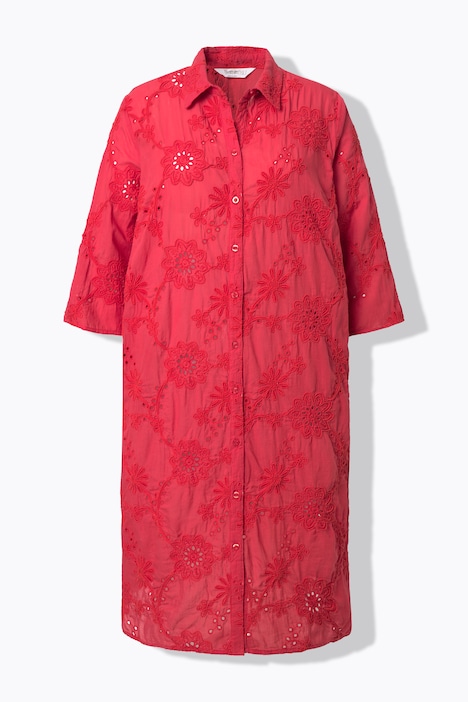 Robe chemisier, fine broderie ajourée, coupe évasée