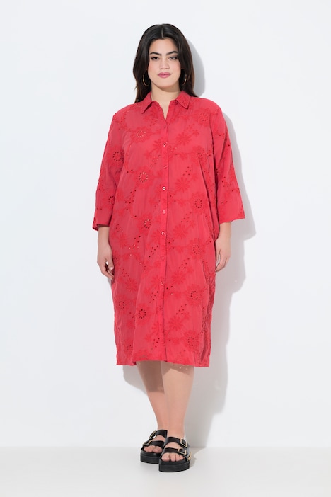 Robe chemisier, fine broderie ajourée, coupe évasée