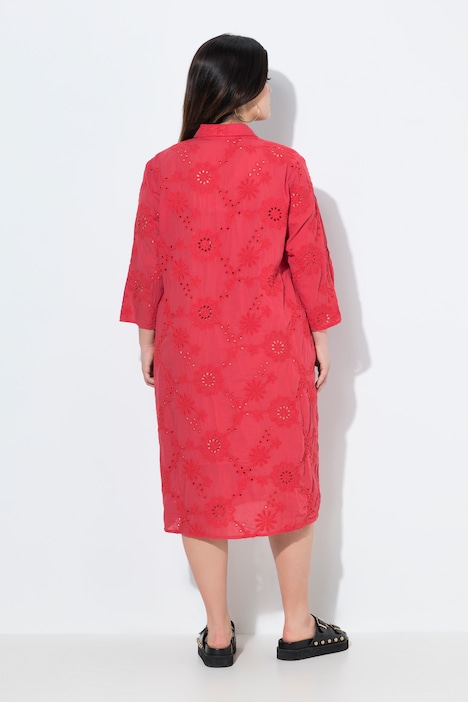 Robe chemisier, fine broderie ajourée, coupe évasée