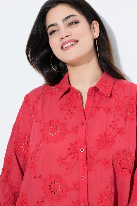 Robe chemisier, fine broderie ajourée, coupe évasée