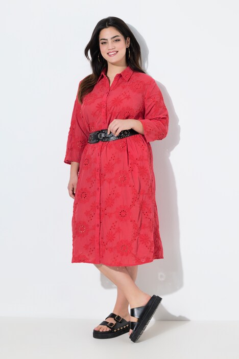 Robe chemisier, fine broderie ajourée, coupe évasée