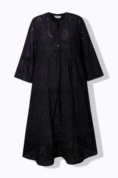 Vestido midi, forma en A, bordado inglés, volantes
