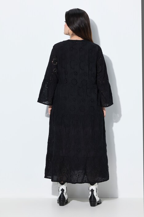 Vestido midi, forma en A, bordado inglés, volantes