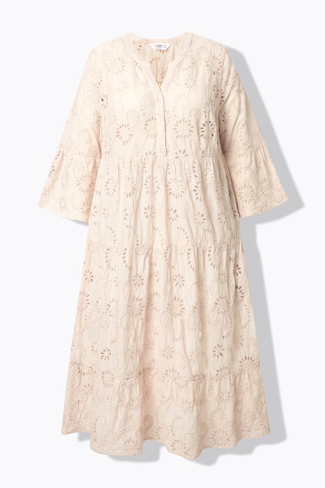 Vestido midi, forma en A, bordado inglés, volantes