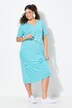 Robe midi à rayures. Décolleté V et manches courtes. Poches. Coupe évasée