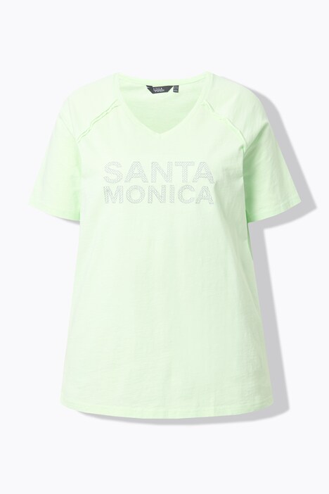 T-shirt coupe évasée, message Santa Monica, décolleté en V et manches courtes