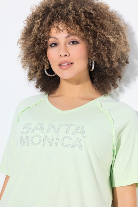T-shirt coupe évasée, message Santa Monica, décolleté en V et manches courtes