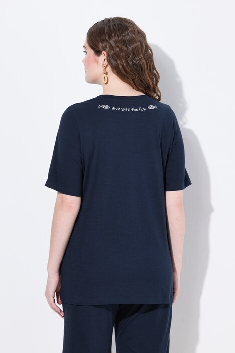 T-shirt, broderie, col rond, manches mi-longues, coton biologique