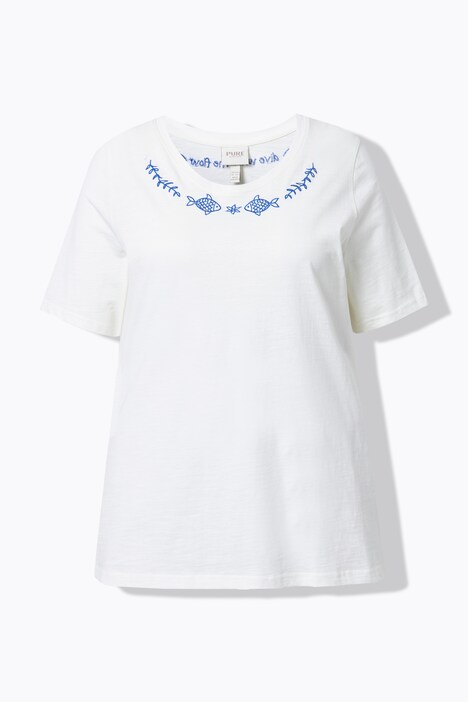 T-shirt, broderie, col rond, manches mi-longues, coton biologique