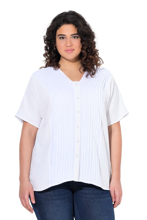 Mušelínová halenka, oversize, plisování, výstřih do V, krátké rukávy