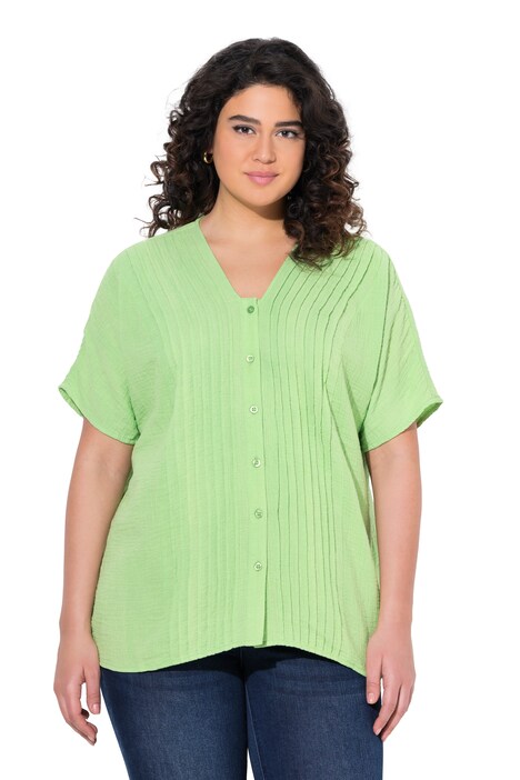 Mušelínová halenka, oversize, plisování, výstřih do V, krátké rukávy