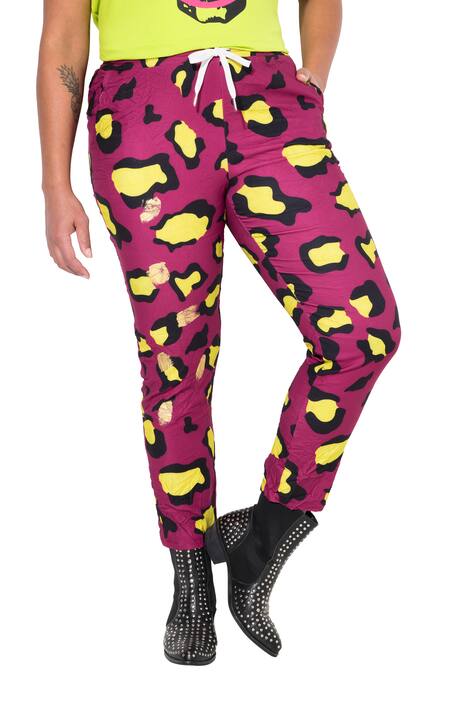 Jogging kalhoty, volný střih, leopardí potisk, mačkané