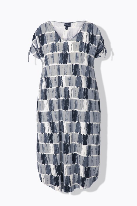 Jersey mid-jurk, batikstreep, V-hals, korte mouwen