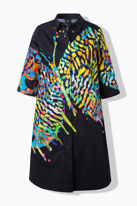 Robe midi motif papillon, manches 3/4 et col chemise
