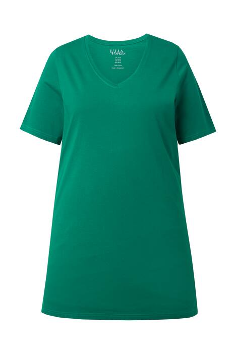 Dlouhé tričko, A střih, výstřih do V, krátké rukávy