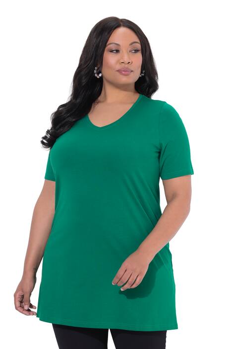 Dlouhé tričko, A střih, výstřih do V, krátké rukávy