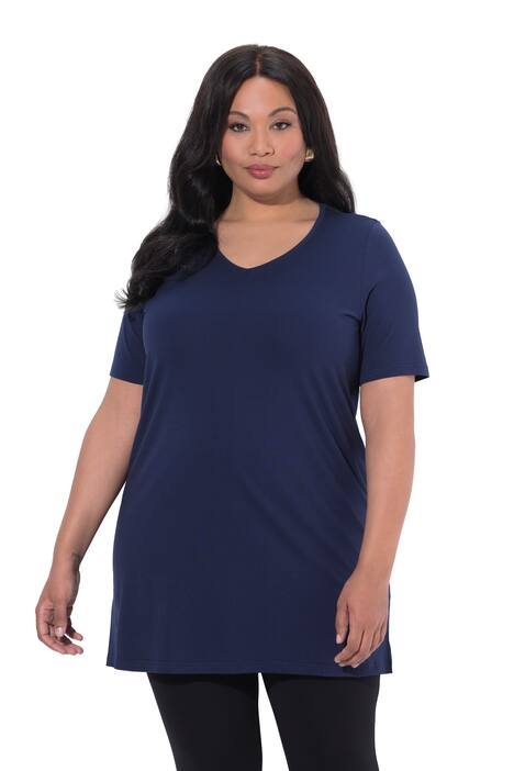 Dlouhé tričko, A střih, výstřih do V, krátké rukávy