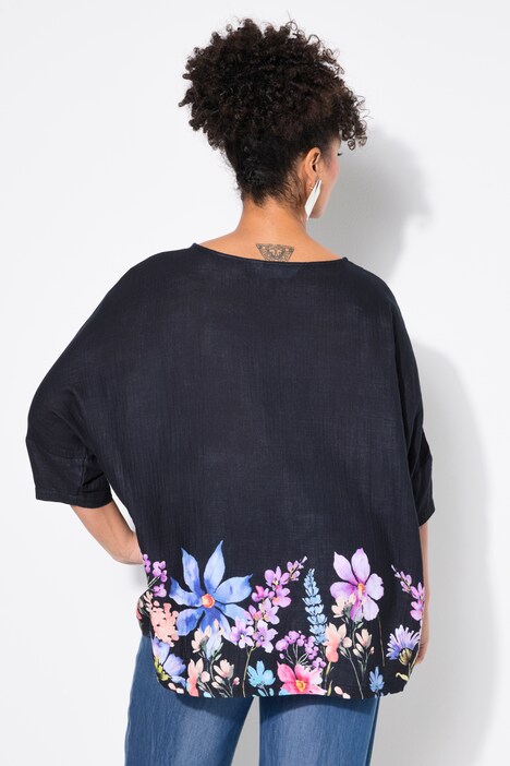 Blouse, oversized, mousseline, bloemen bij de zoom